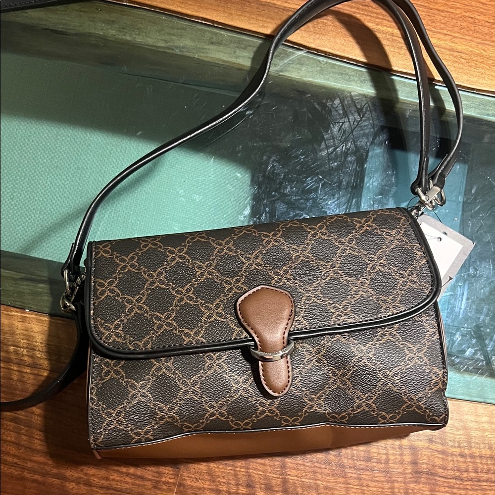 Nine West Brown Monogram Crossbody with Tan Trim